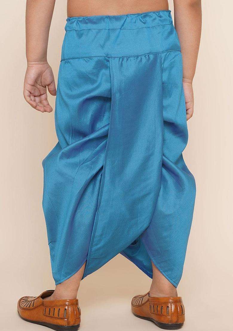 Turquoise Blue Solid Art Silk Dhoti For Boys  - Indya