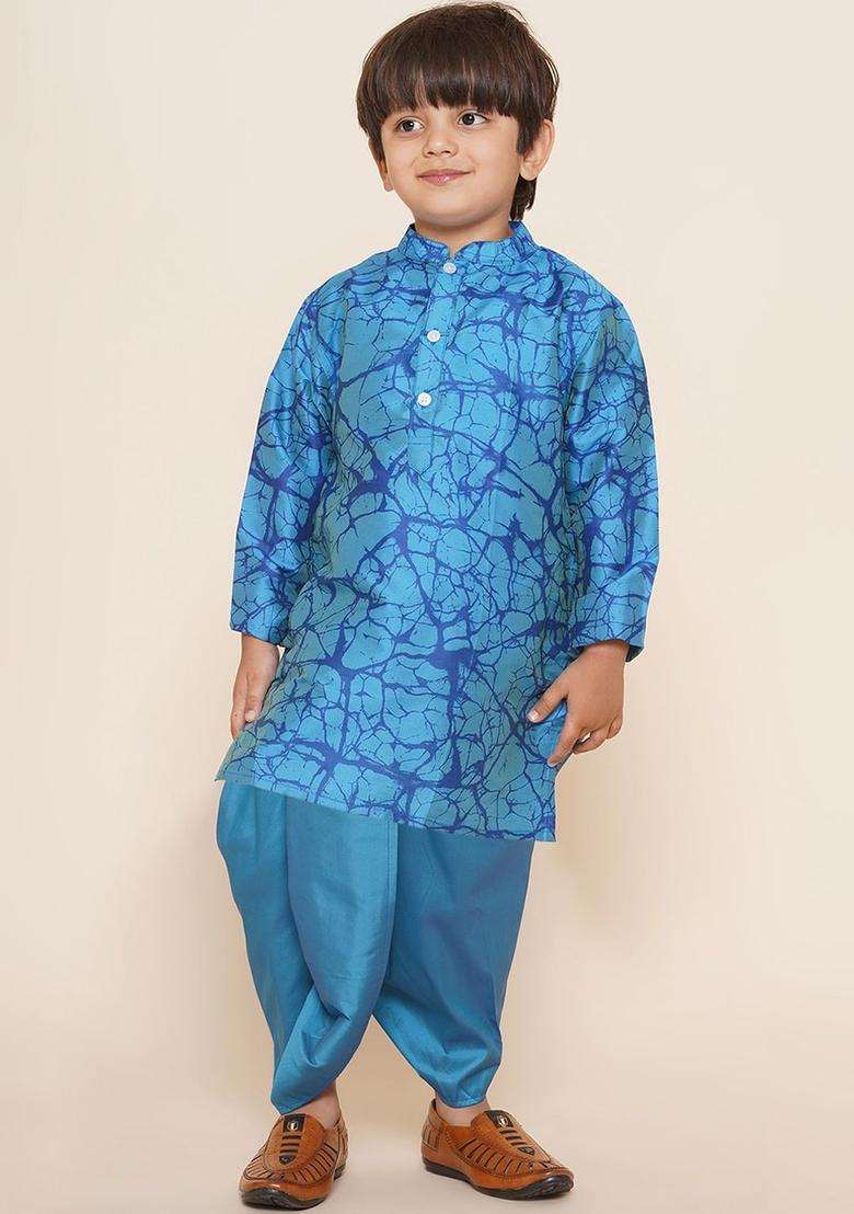 Turquoise Blue Solid Art Silk Dhoti For Boys  - Indya