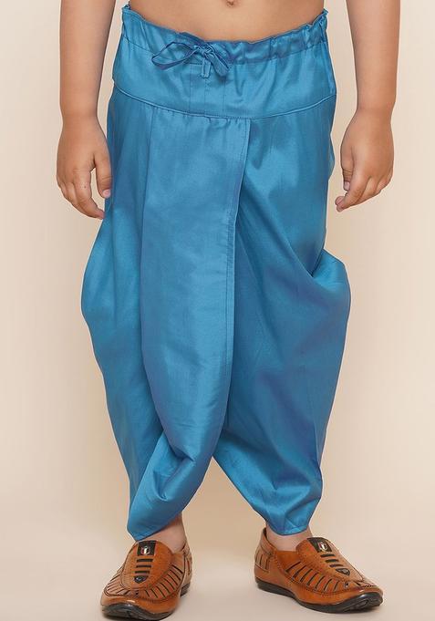 Turquoise Blue Solid Art Silk Dhoti For Boys 