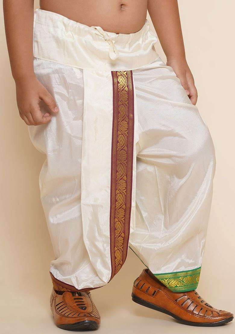 Cream Solid Art Silk Dhoti For Boys  - Indya