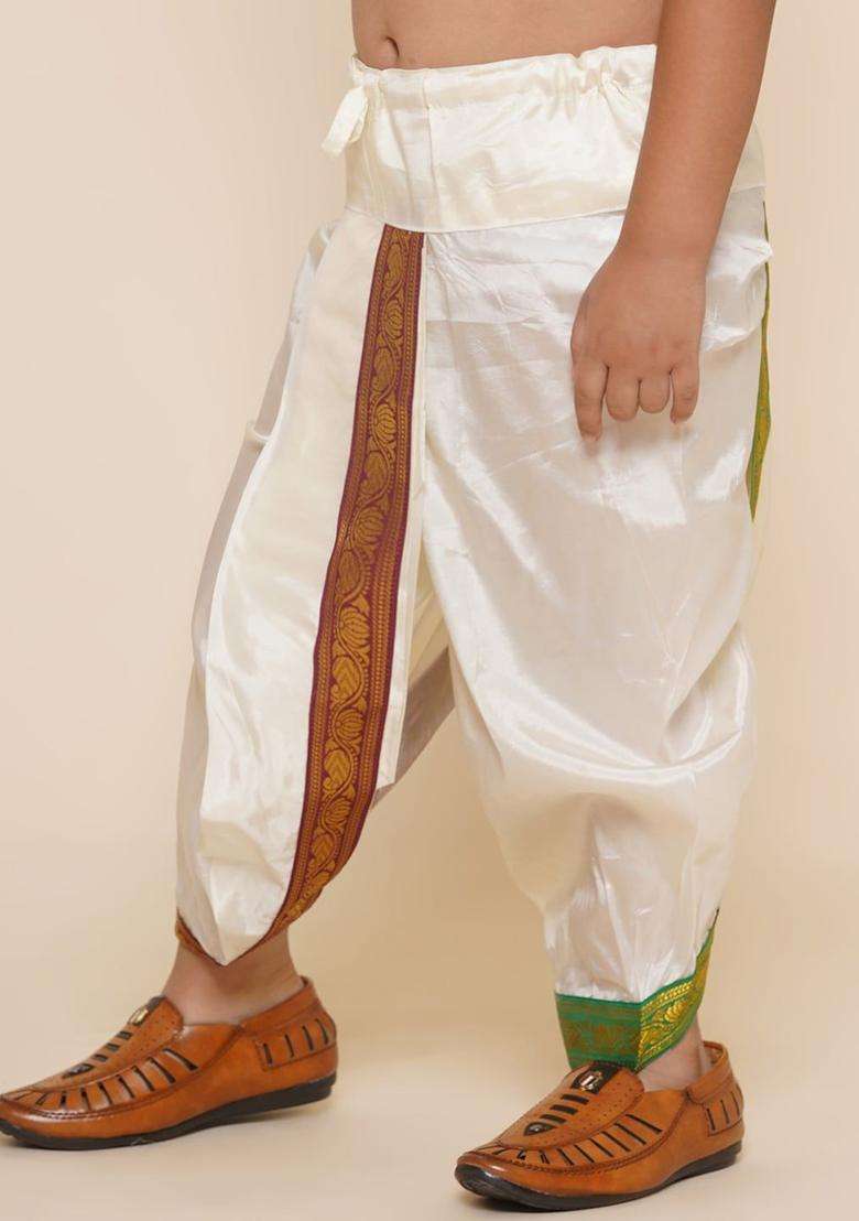 Cream Solid Art Silk Dhoti For Boys  - Indya