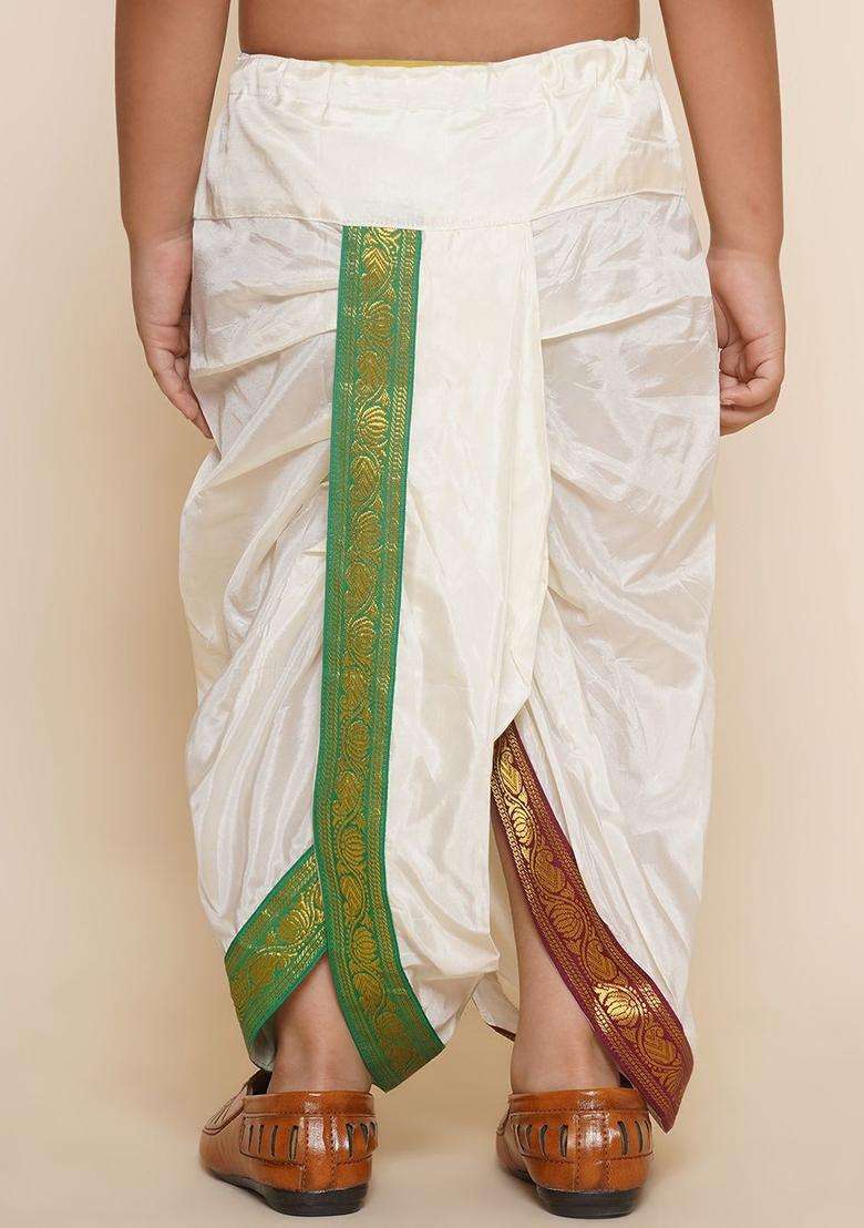Cream Solid Art Silk Dhoti For Boys  - Indya