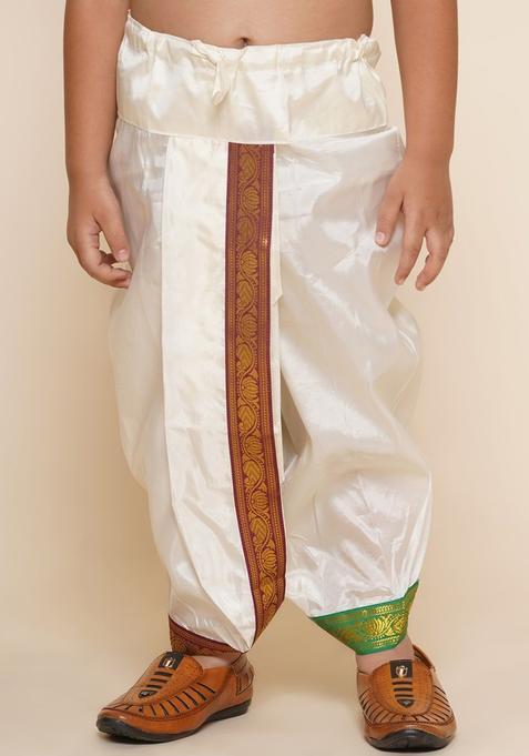 Cream Solid Art Silk Dhoti For Boys 