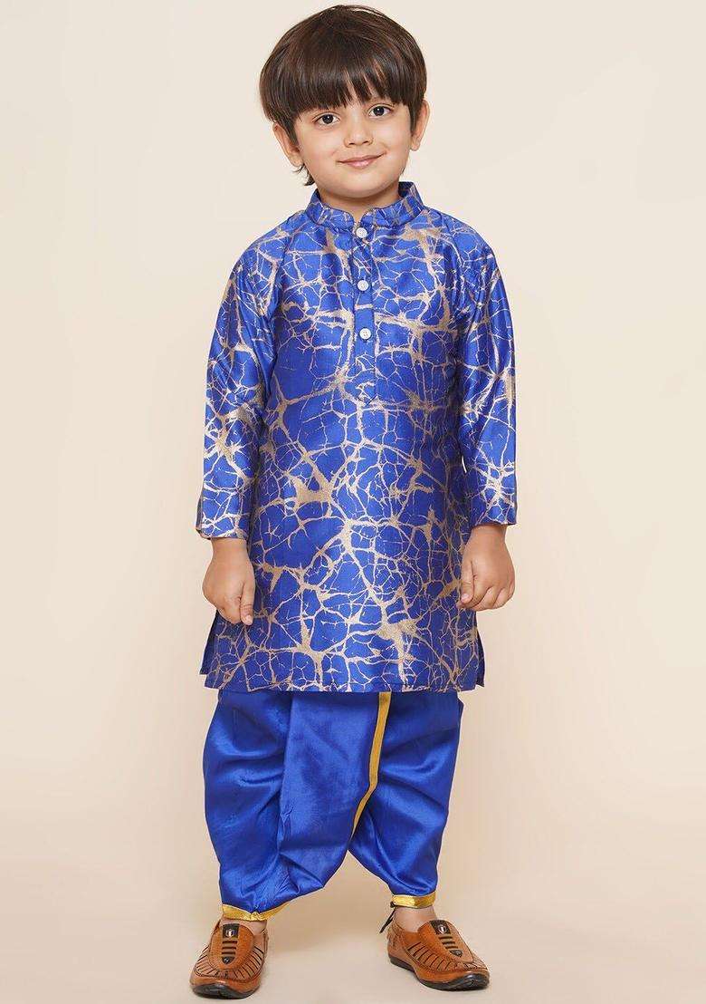 Blue Solid Art Silk Dhoti For Boys  - Indya