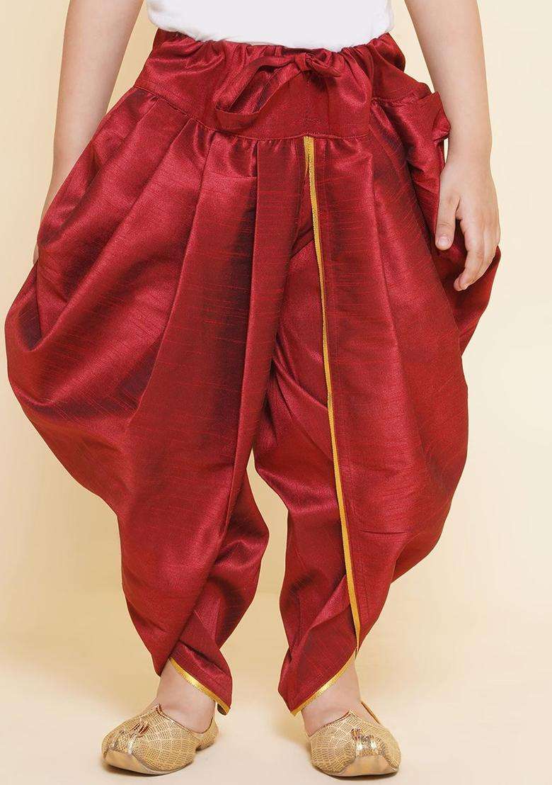 Maroon Solid Art Silk Dhoti For Boys  - Indya