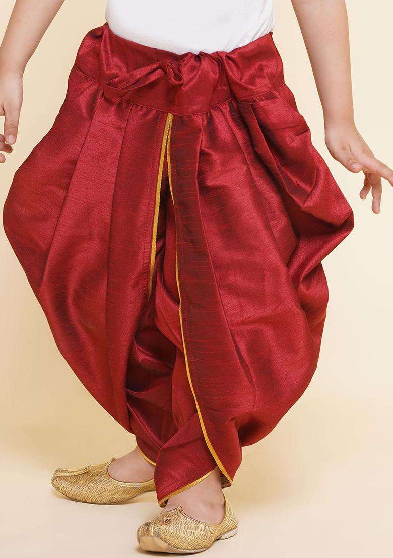 Maroon Solid Art Silk Dhoti For Boys  - Indya