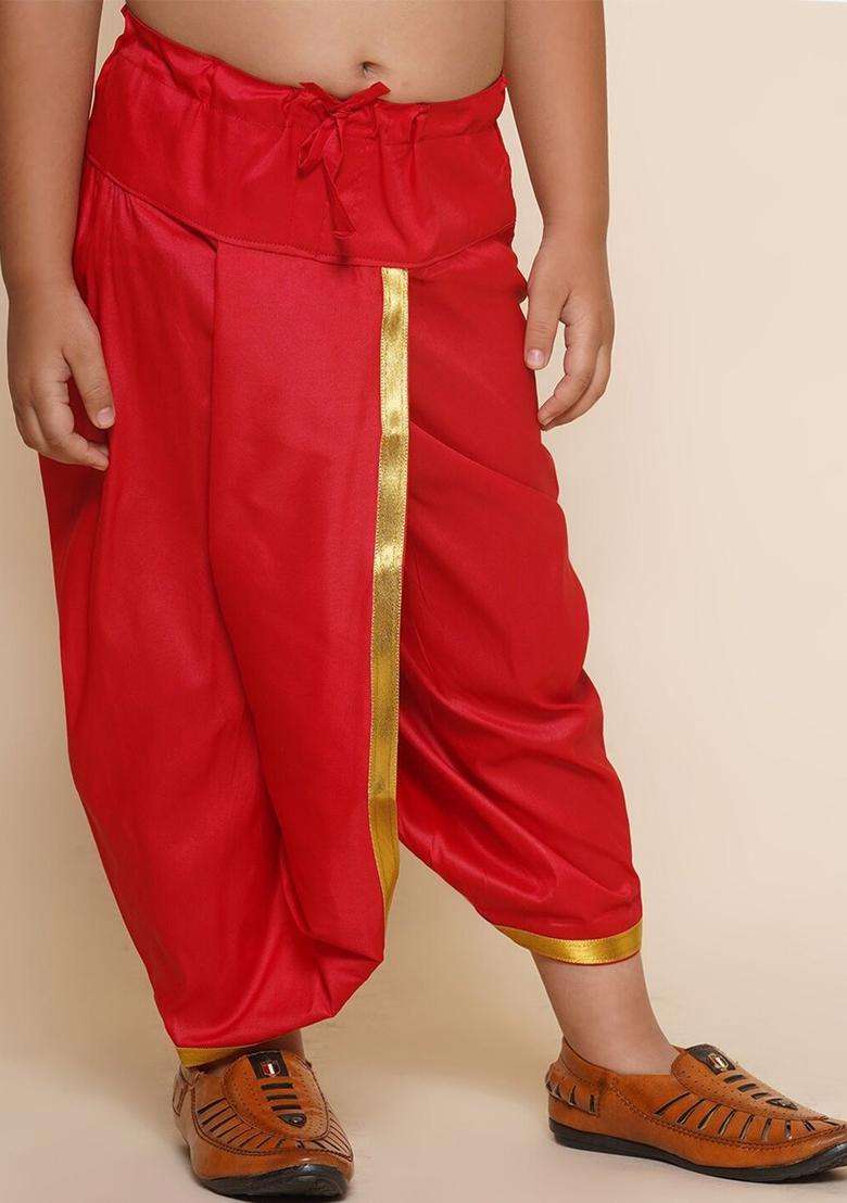 Red Solid Art Silk Dhoti For Boys  - Indya