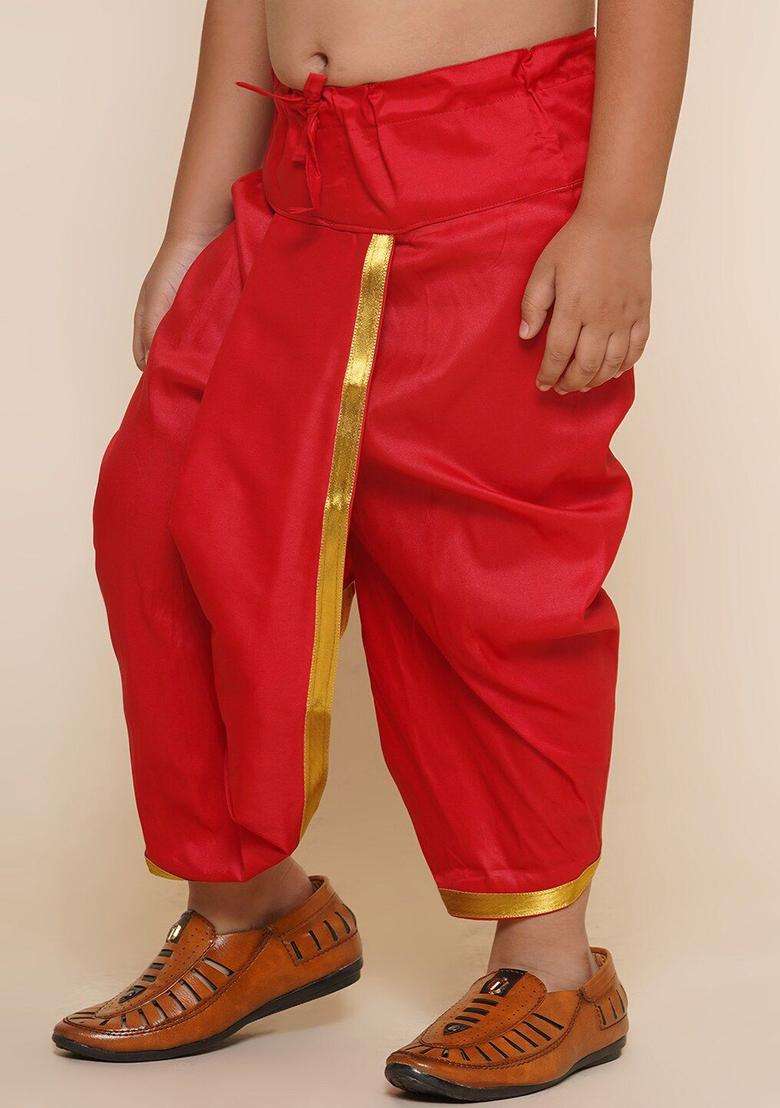 Red Solid Art Silk Dhoti For Boys  - Indya