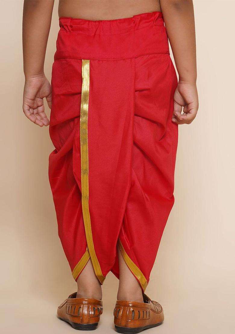 Red Solid Art Silk Dhoti For Boys  - Indya