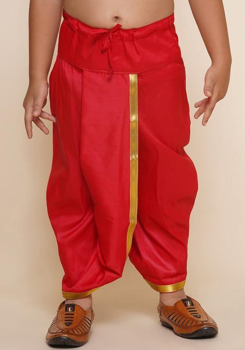 Red Solid Art Silk Dhoti For Boys 