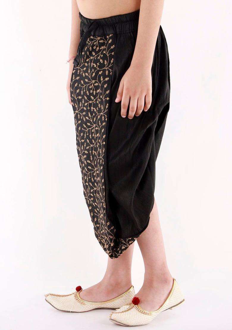 Black Embroidered Silk Dhoti For Boys  - Indya