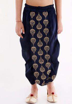 Navy Blue Embroidered Silk Dhoti For Boys 