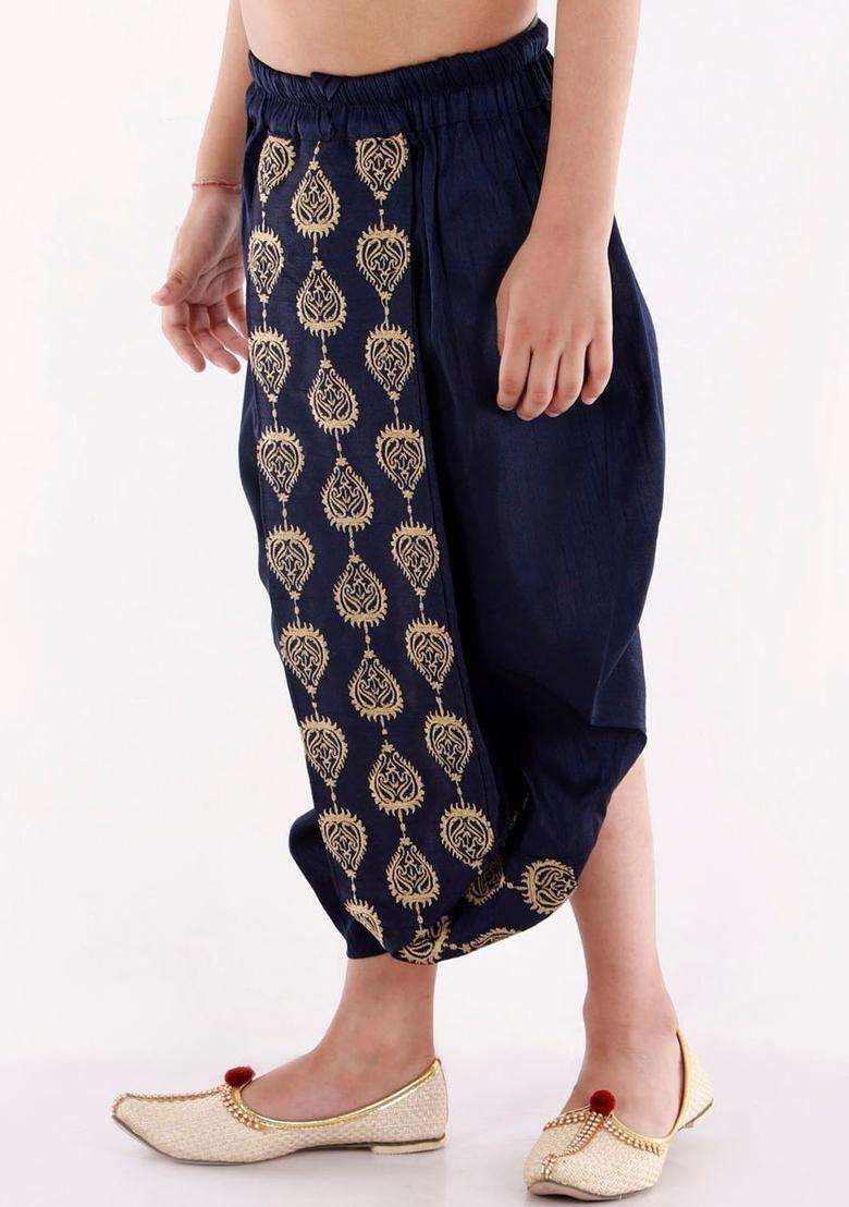 Navy Blue Embroidered Silk Dhoti For Boys  - Indya