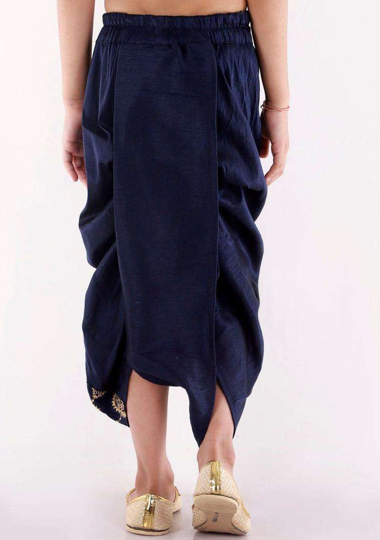 Navy Blue Embroidered Silk Dhoti For Boys  - Indya