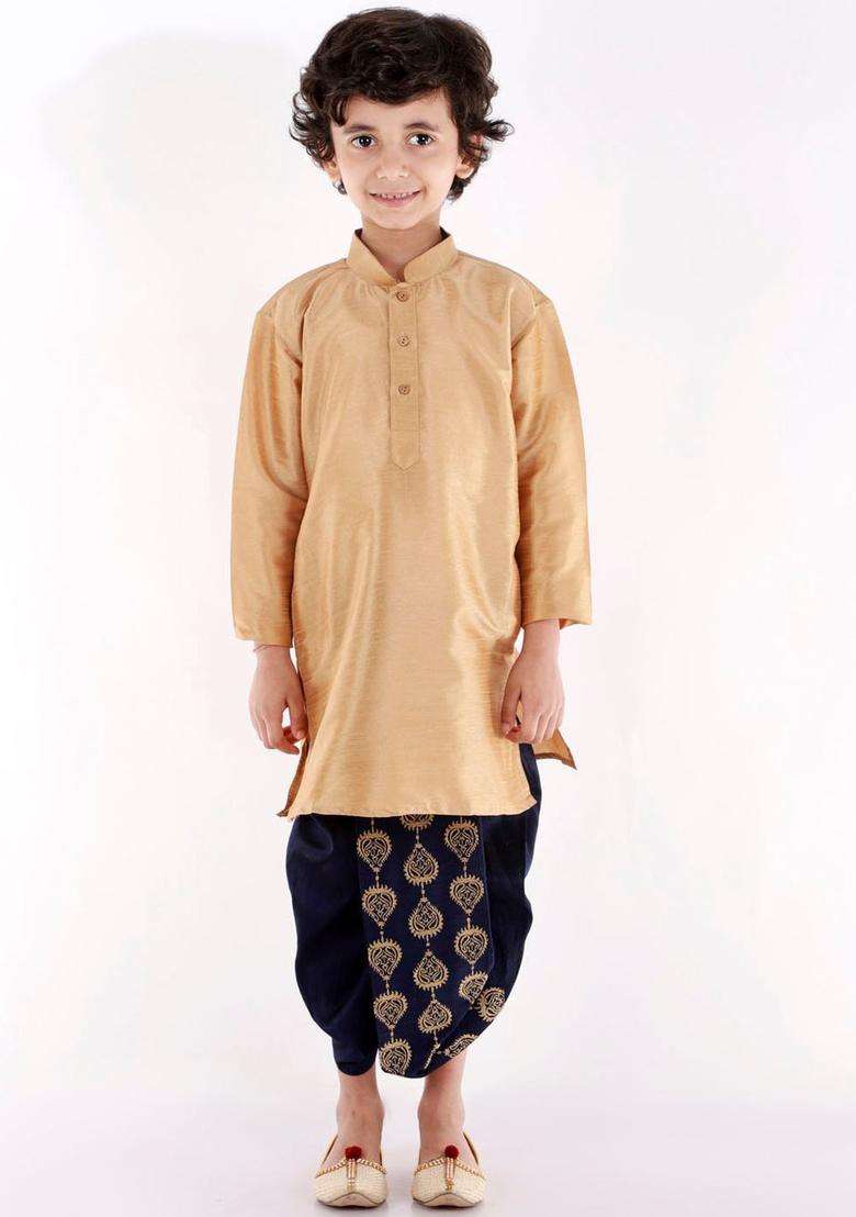 Navy Blue Embroidered Silk Dhoti For Boys  - Indya