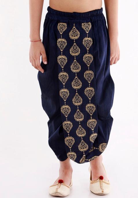 Navy Blue Embroidered Silk Dhoti For Boys 