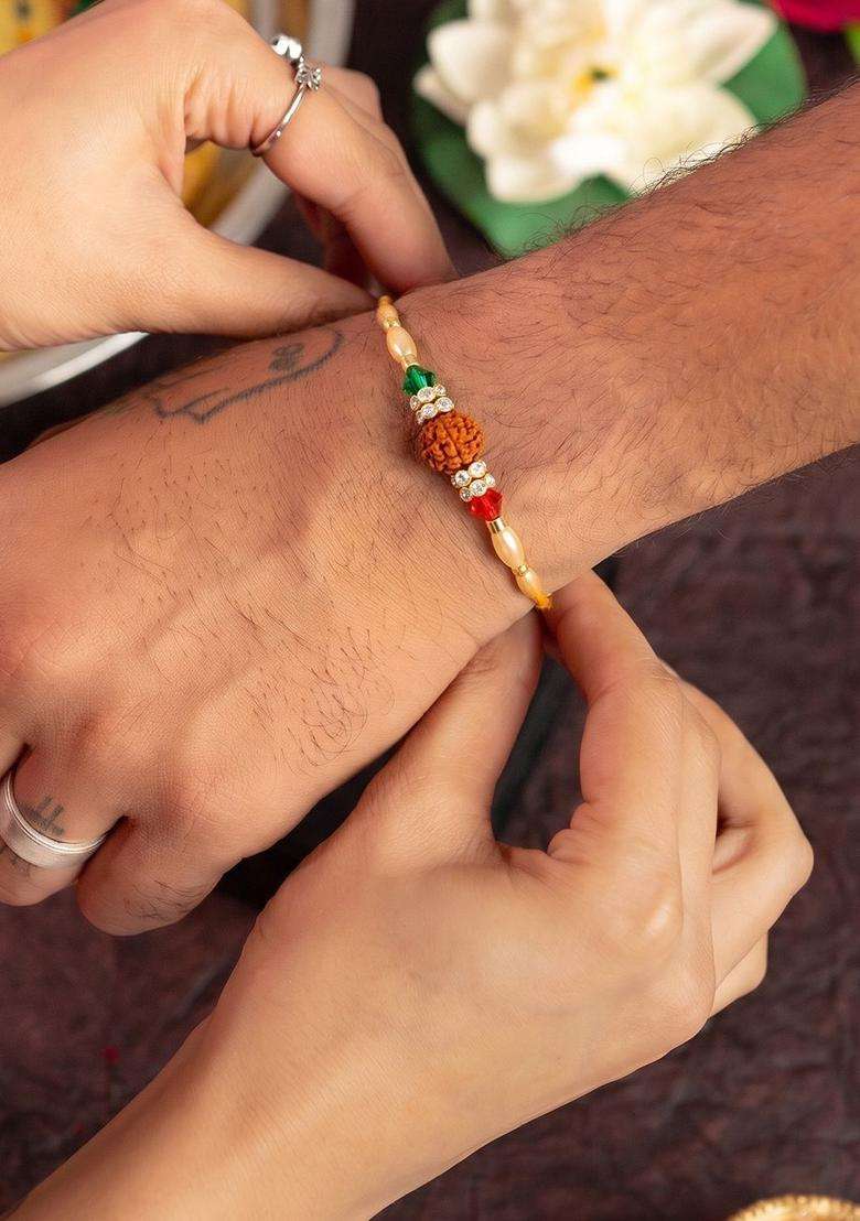 Red Rudraksha Rakhi Set Of 2 - Indya