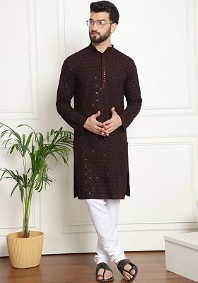 Coffee Brown Embroidered Cotton Kurta Set For Men