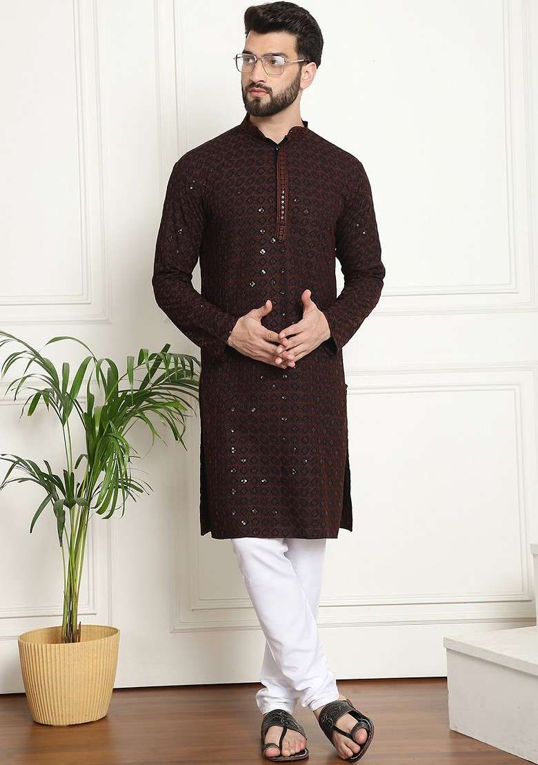 Coffee Brown Embroidered Cotton Kurta Set For Men - Indya