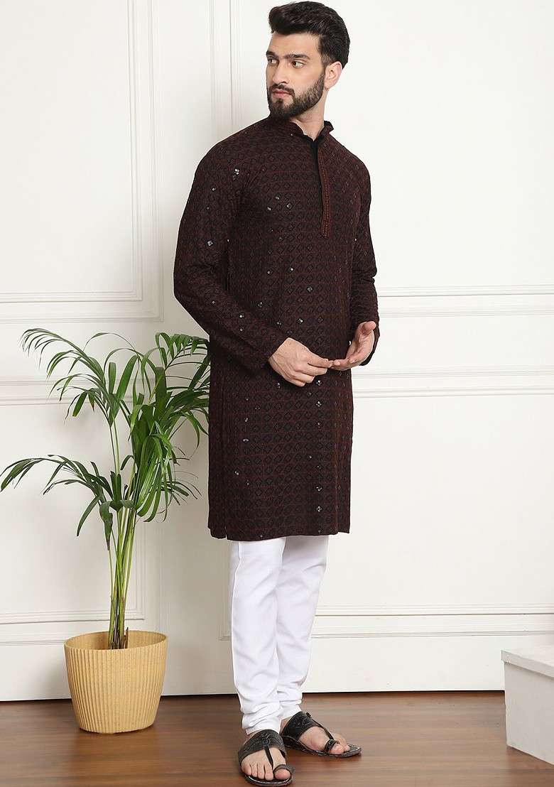 Coffee Brown Embroidered Cotton Kurta Set For Men - Indya