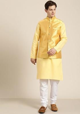 Yellow Solid Cotton Kurta Set For Men