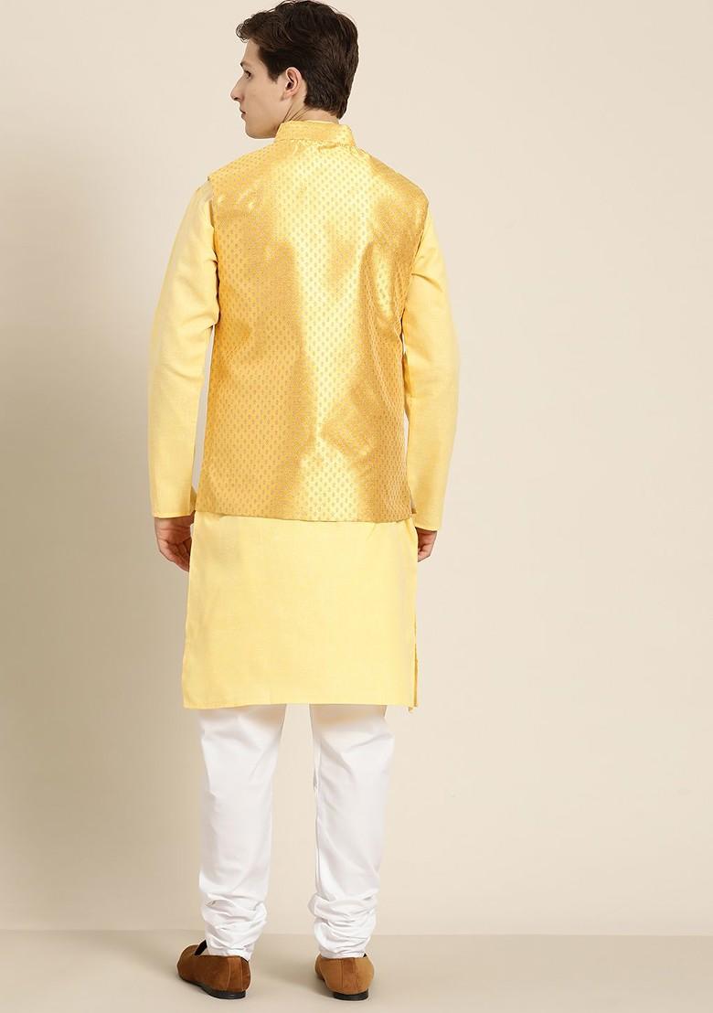 Yellow Solid Cotton Kurta Set For Men