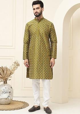 Olive Embroidered Cotton Kurta Set For Men