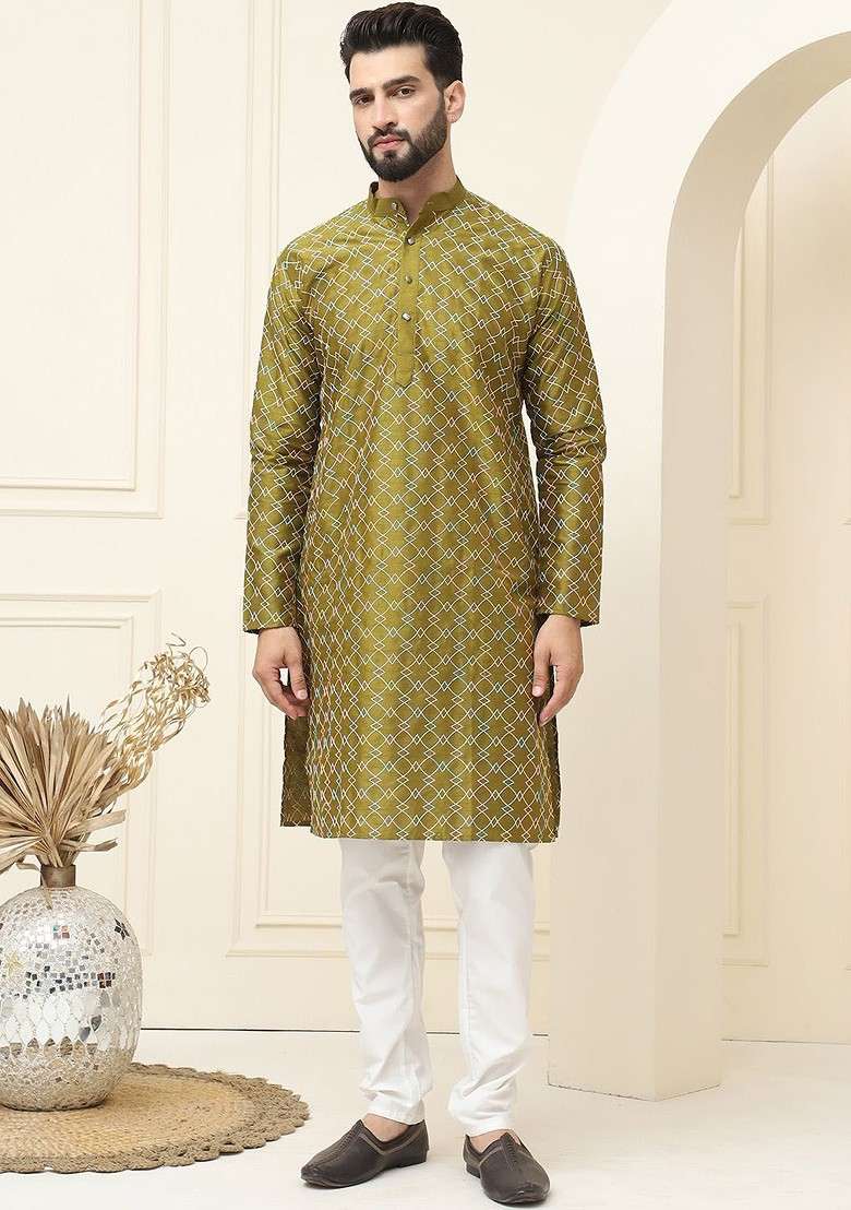 Olive Embroidered Cotton Kurta Set For Men - Indya