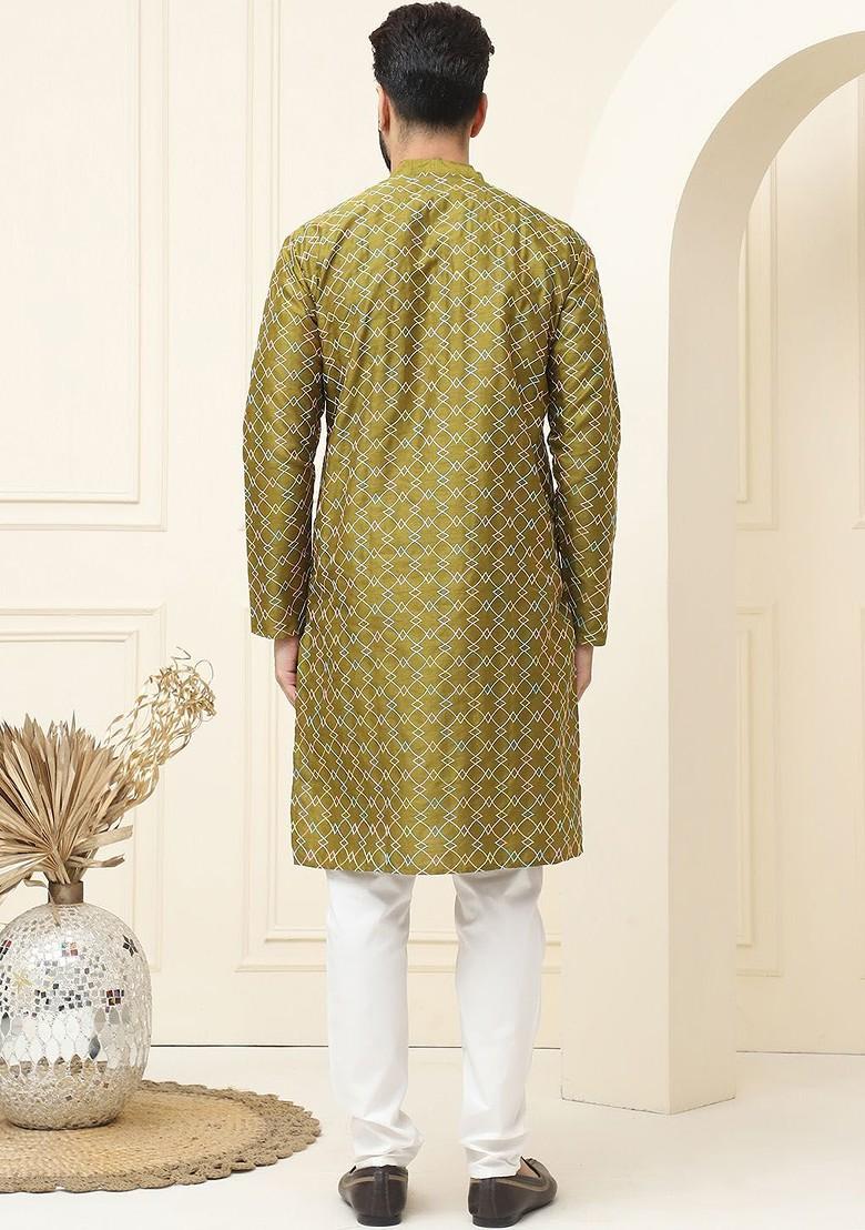 Olive Embroidered Cotton Kurta Set For Men