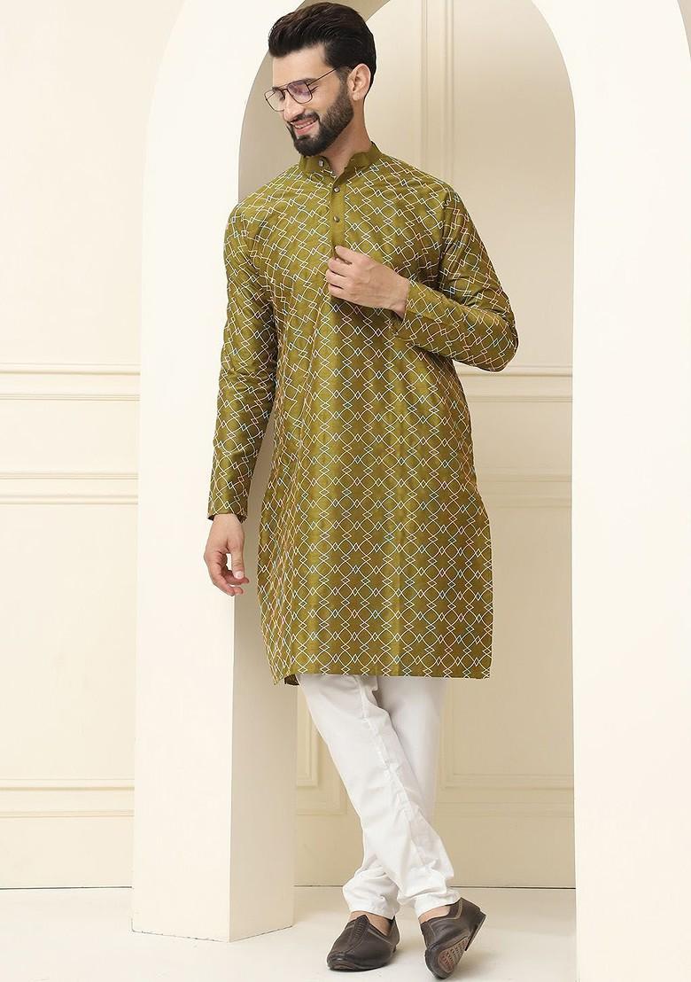 Olive Embroidered Cotton Kurta Set For Men