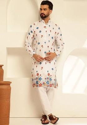 White Thread Work Cotton Kurta Set For Men