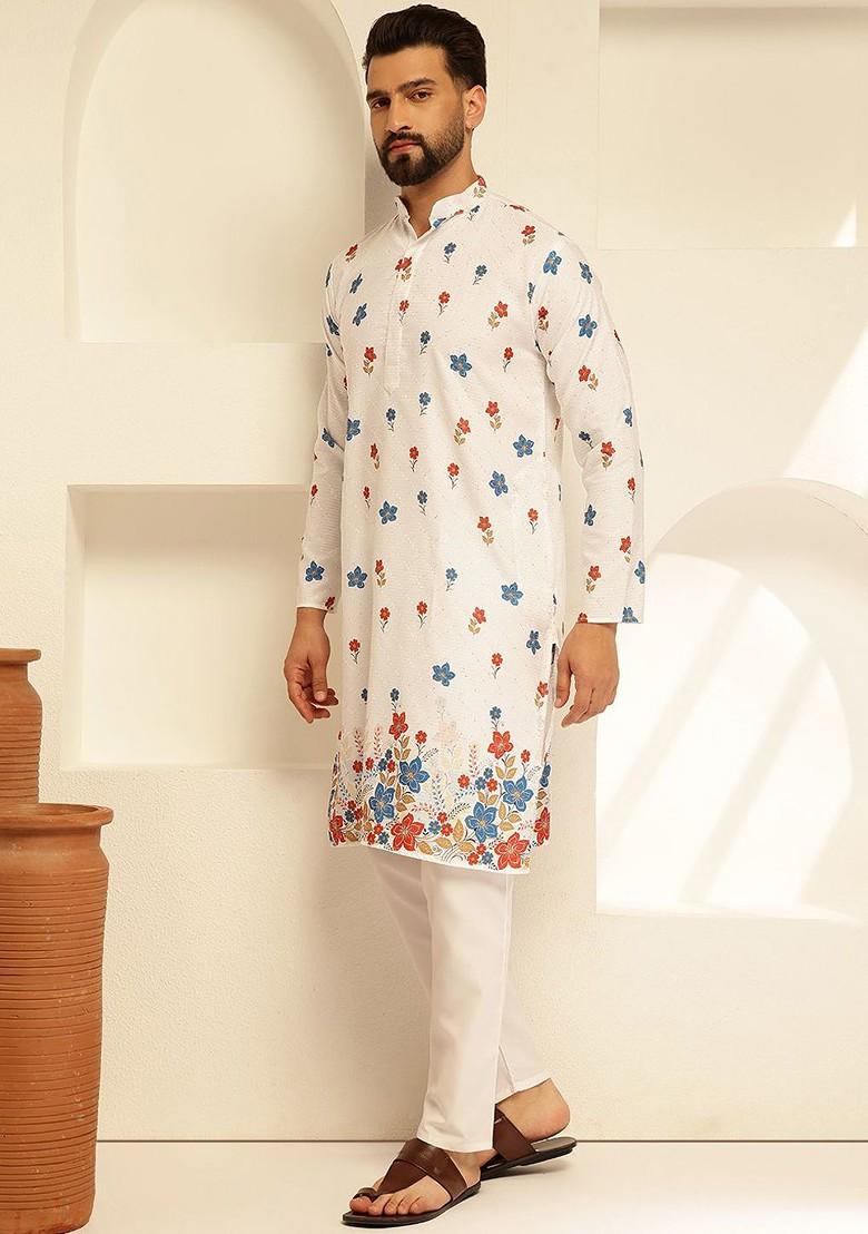 White Thread Work Cotton Kurta Set For Men