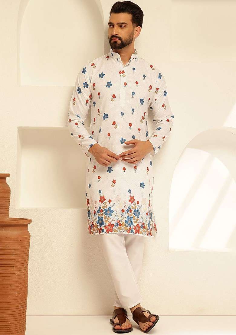 White Thread Work Cotton Kurta Set For Men - Indya