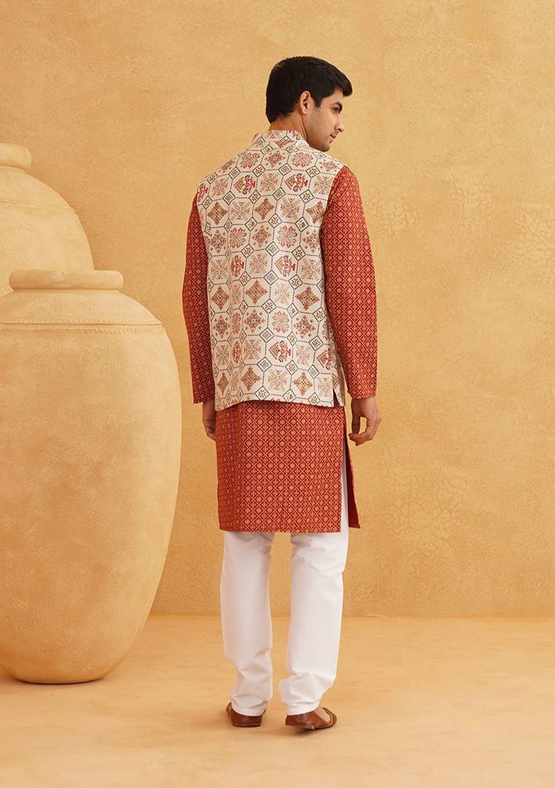 Maroon Printed Poly Blend Kurta Set For Men
