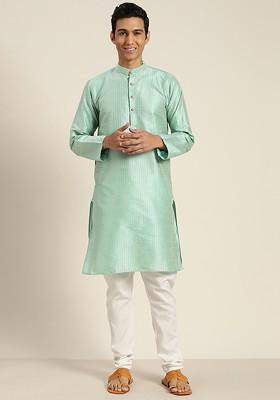 Sea Green Woven Poly Blend Kurta Set For Men