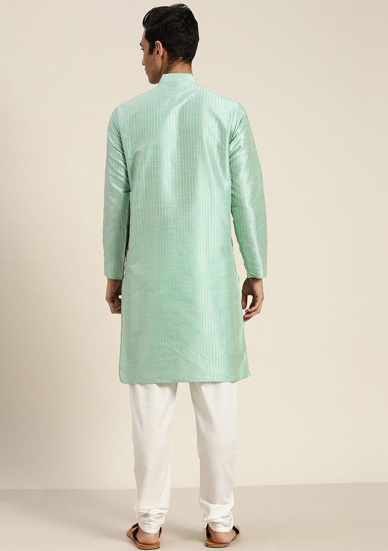 Sea Green Woven Poly Blend Kurta Set For Men