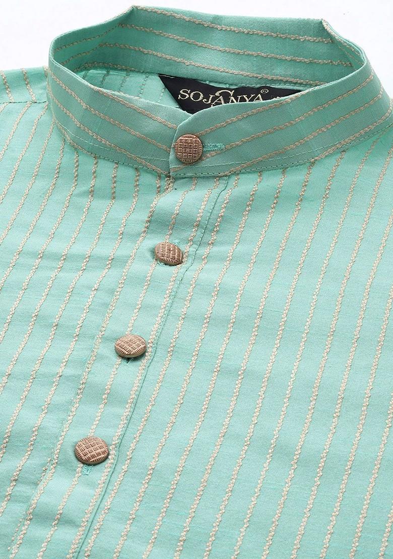 Sea Green Woven Poly Blend Kurta Set For Men