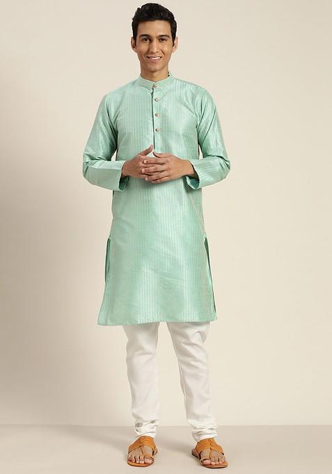 Sea Green Woven Poly Blend Kurta Set For Men