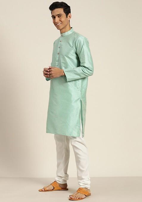 Sea Green Woven Poly Blend Kurta Set For Men