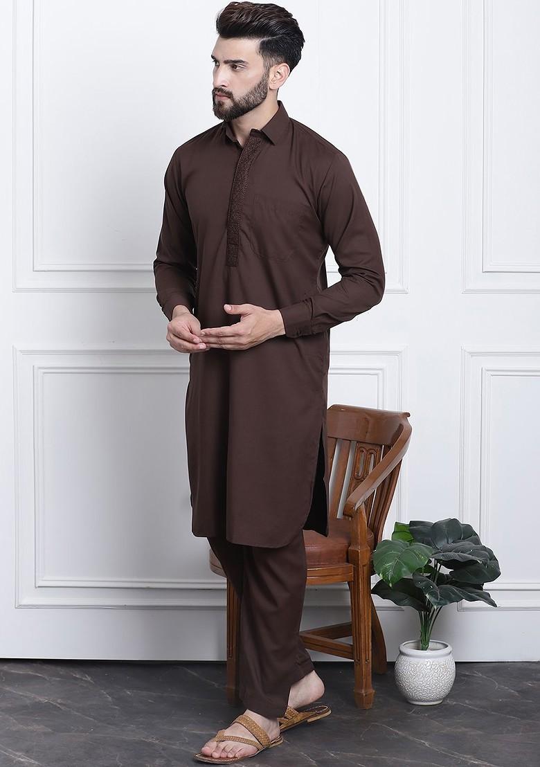 Brown Solid Poly Blend Kurta Set For Men