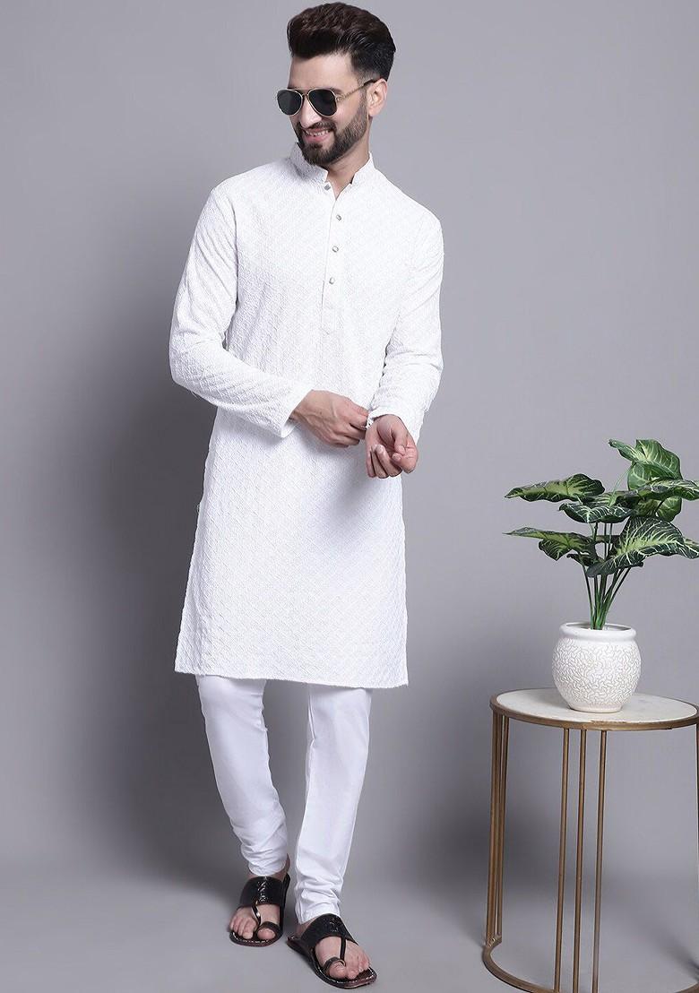White Embroidered Cotton Kurta Set For Men