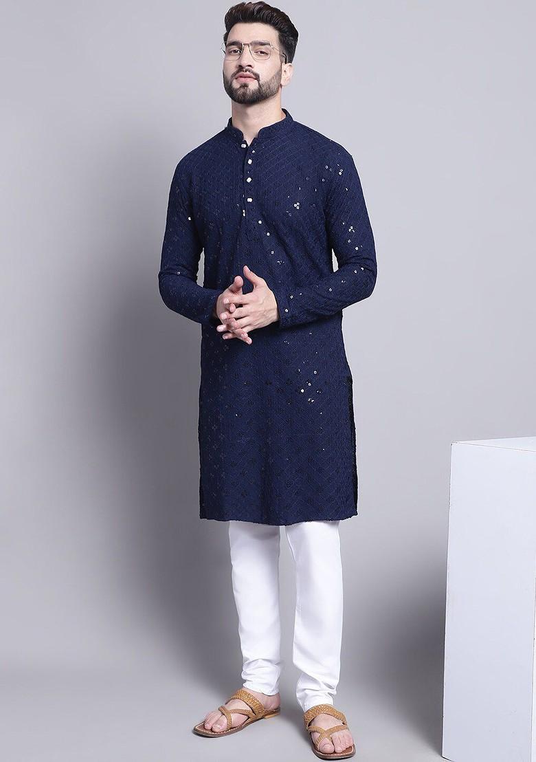 Navy Blue Embroidered Cotton Kurta Set For Men