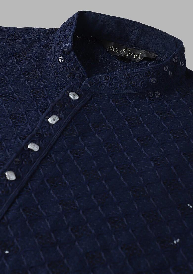 Navy Blue Embroidered Cotton Kurta Set For Men