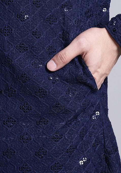 Navy Blue Embroidered Cotton Kurta Set For Men