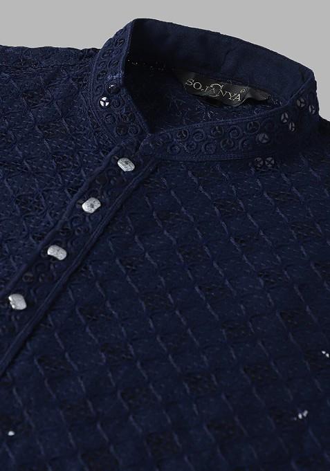 Navy Blue Embroidered Cotton Kurta Set For Men