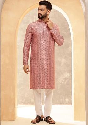 Coral Pink Embroidered Poly Blend Kurta Set For Men