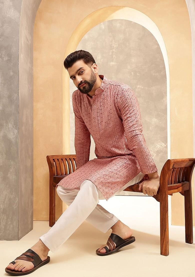 Coral Pink Embroidered Poly Blend Kurta Set For Men