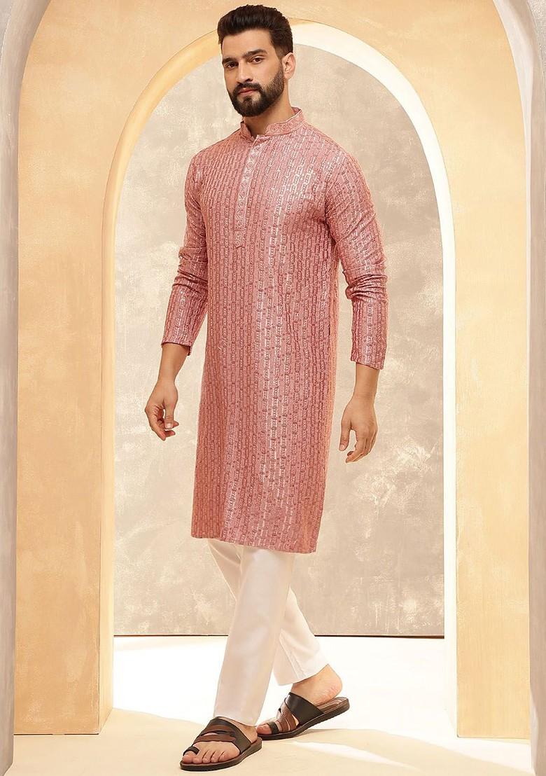 Coral Pink Embroidered Poly Blend Kurta Set For Men