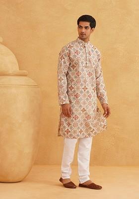 Cream Ethnic Motifs Poly Blend Kurta Set For Men
