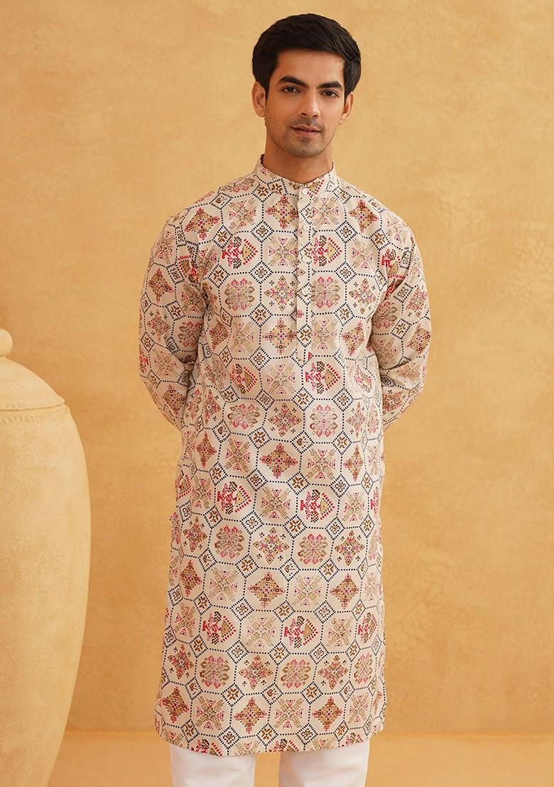 Cream Ethnic Motifs Poly Blend Kurta Set For Men